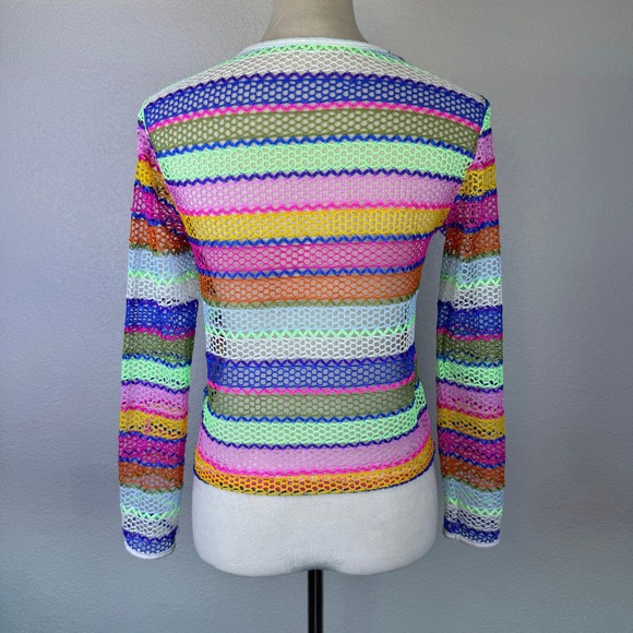Crochet Rainbow Striped Mesh Long Sleeve Top Women's Multi Color Sheer Festival - Picture 4 of 8